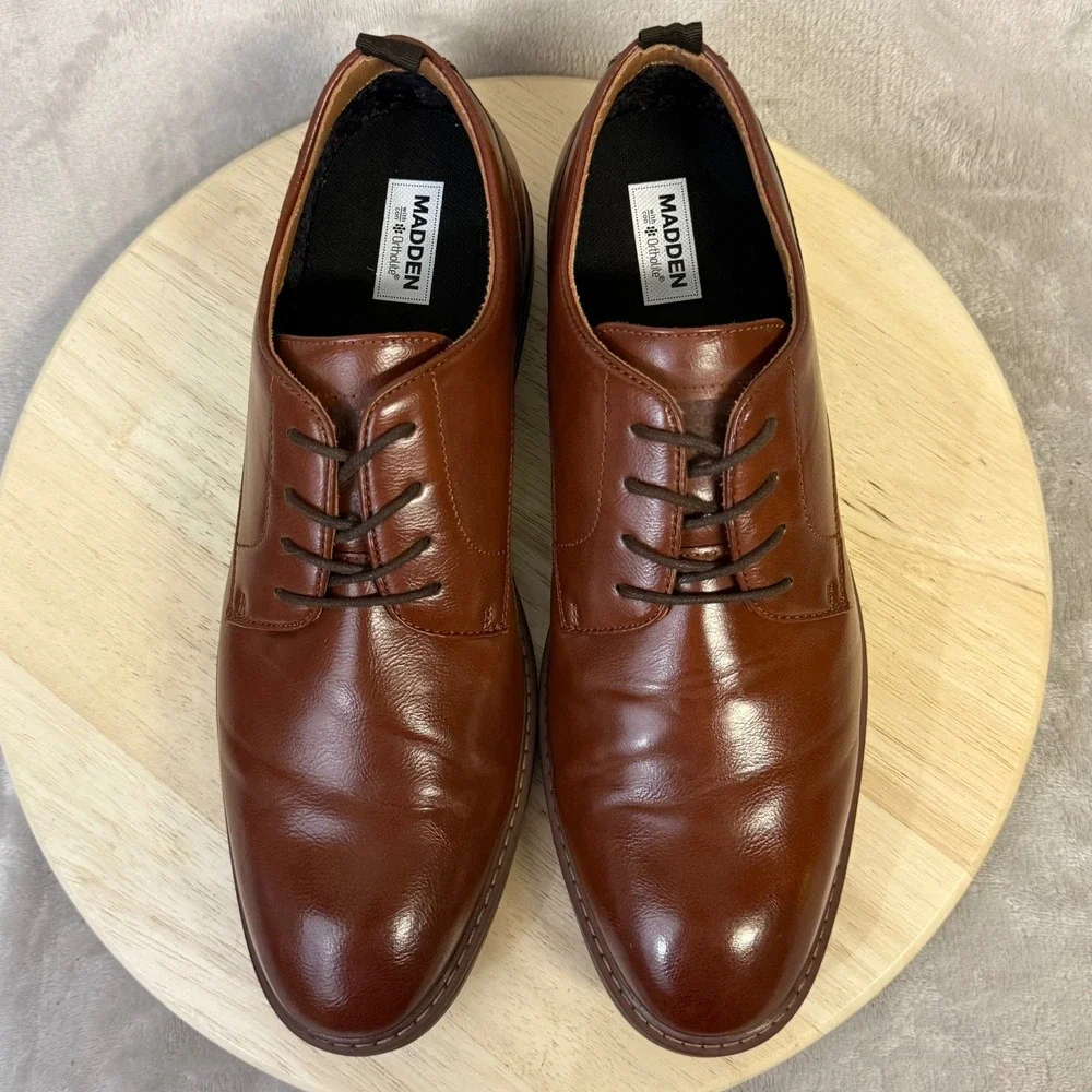 Madden Mens Brown Leather Derby Shoes Lace Up Dress Ortholite Cognac US 13
